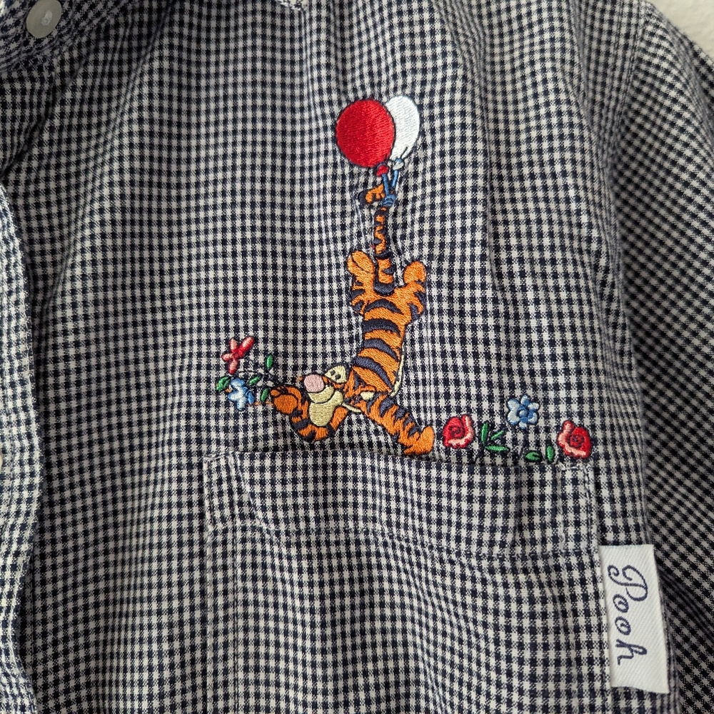 Vintage Disney Winnie the Pooh Button Up Shirt Tigger Gingham Blue/White 20W - Picture 3 of 8